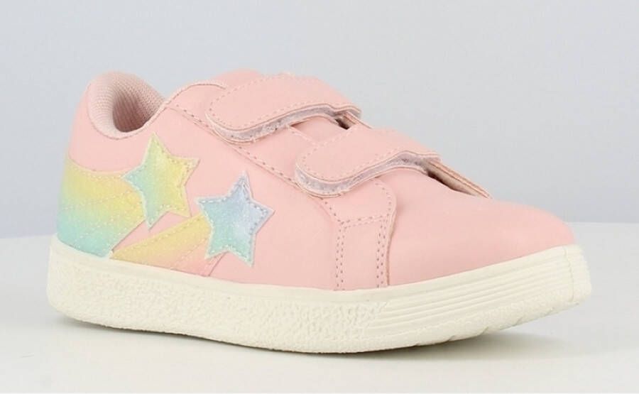 BBS Meisjes sneakers lage zomer schoenen roze met regenboog sterren klittenband sluiting