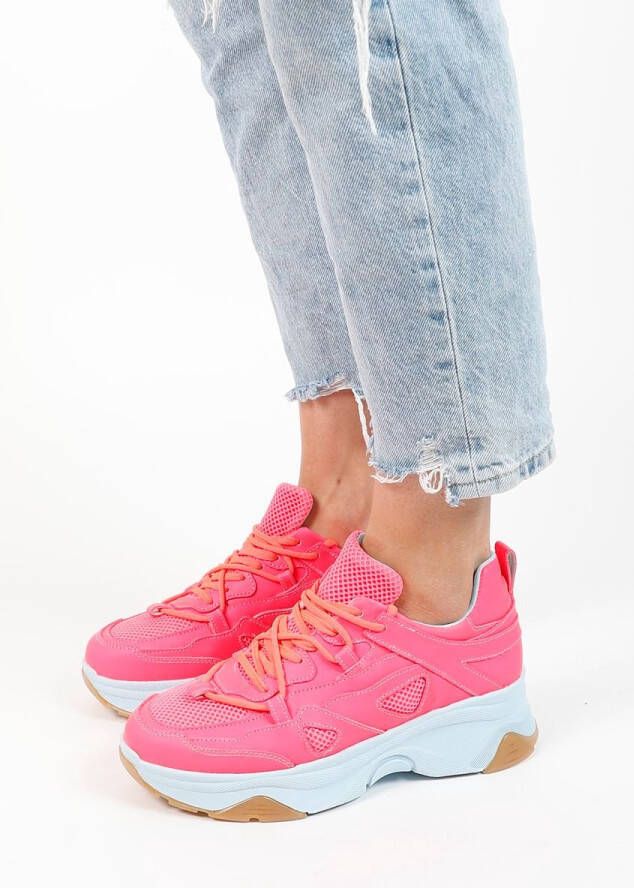 Sacha Dames Roze leren platform sneakers met lichtblauwe zool