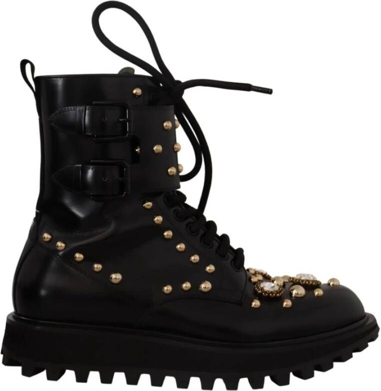 Dolce & Gabbana Black Leather Crystal Embellished Boots Shoes Zwart