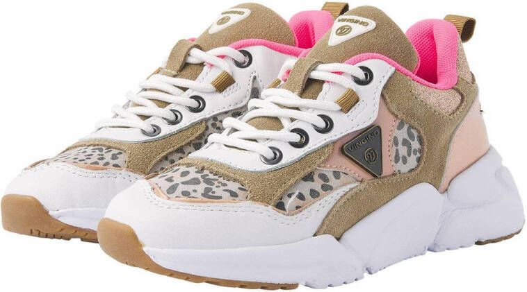 Vingino Beau chunky leren sneakers met panterprint beige roze