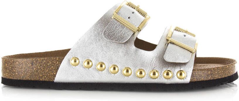 DWRS LABEL DWRS Malibu metallic leer | sil Zilver Leer Slippers met gesp Dames