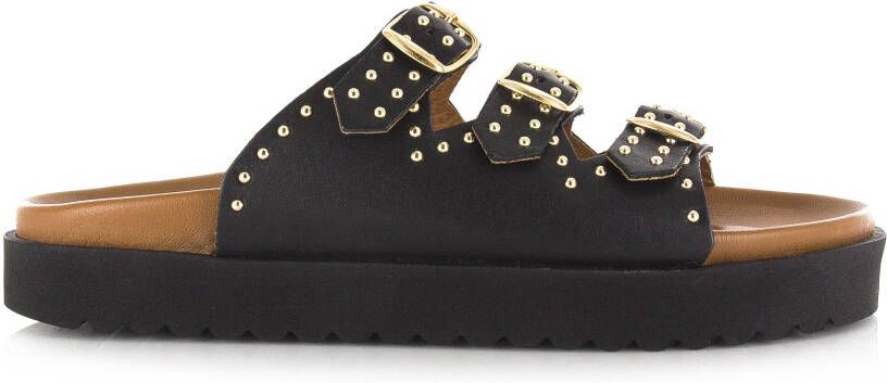 DWRS LABEL DWRS Miami slippers | black gold Zwart Leer Slippers met gesp Dames