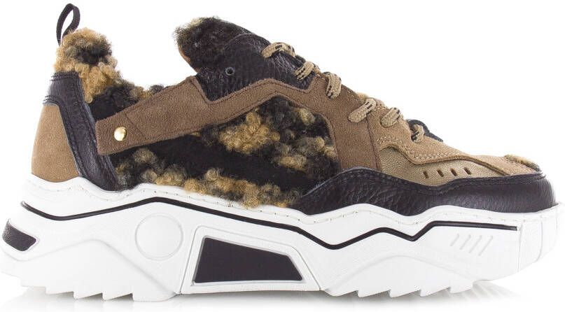 DWRS LABEL Pluto teddy leopard Black Cognac Zwart Leer Lage sneakers Dames