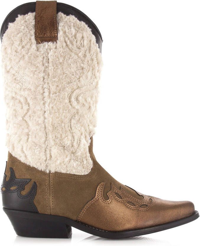 DWRS LABEL Sierra Teddy Off white Cognac Bruin Suede Cowboy laarzen Dames