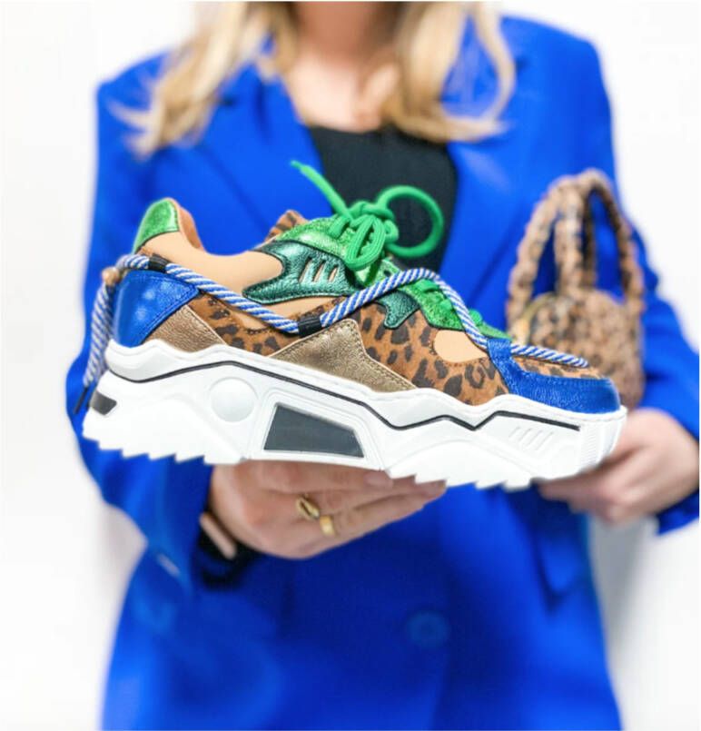 DWRS LABEL Jupiter leopard Green Blue Groen Leer Lage sneakers Dames