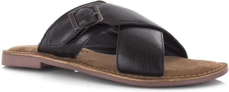 Lazamani Leren mules black met gekruis Zwart Leer Platte sandalen Dames