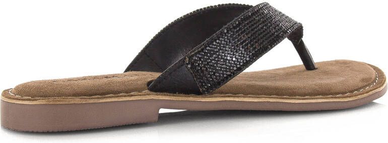 Lazamani Leren slippers met strass-ste Zwart Leer Teenslippers Dames