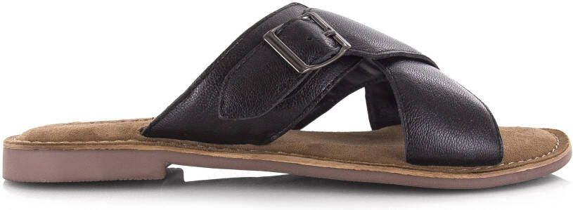 Lazamani Leren mules black met gekruis Zwart Leer Platte sandalen Dames