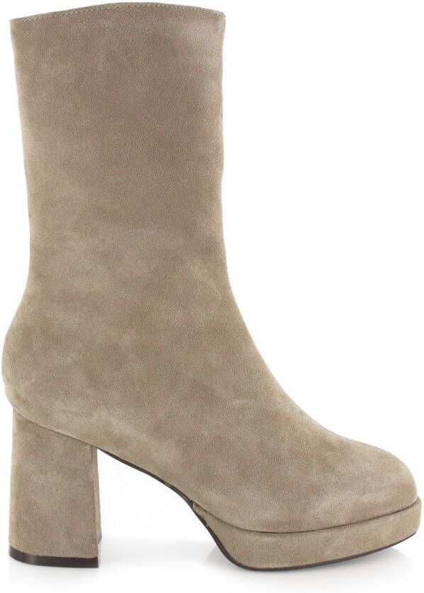 POELMAN Haklaars Beige Suede Enkellaars met hak Dames