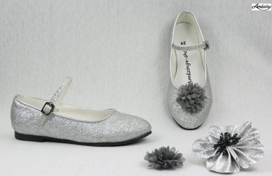 Amezing Shoes Ballerina-bruidsschoen meisje-zilver glitter schoen-prinsessen schoen-platte schoen-dansschoen-gespschoen meisje-glamour-verkleedschoen )