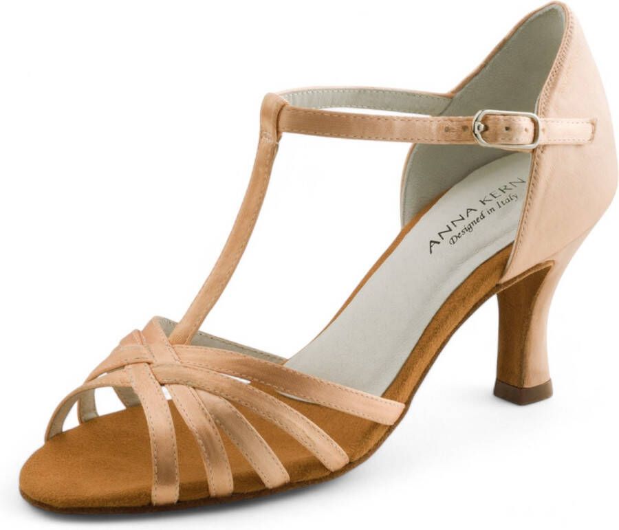 Anna Kern 470 60 Justine Dames Dansschoenen Zalmroze Satijn T bandje Flare Hak Suede Zool Salsa Latin Ballroom Nude