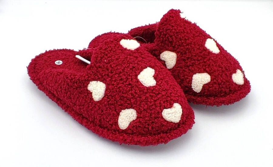 BBS Dames pantoffels warme zachte instap huisslofen met hartjespatroon antislip rood ideaal kerstcadeau of nieuwjaarsgeschenk