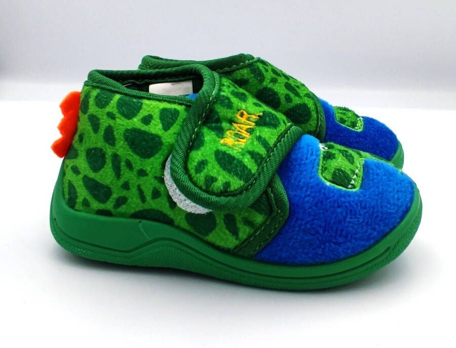 BBS Jongens baby peuter kleuter dinosaurus pantoffels zeer zachte sloffen groen met blauw en dino op de tip tekst ROAR op sluiting sterke antislip instappers met velcro sluiting