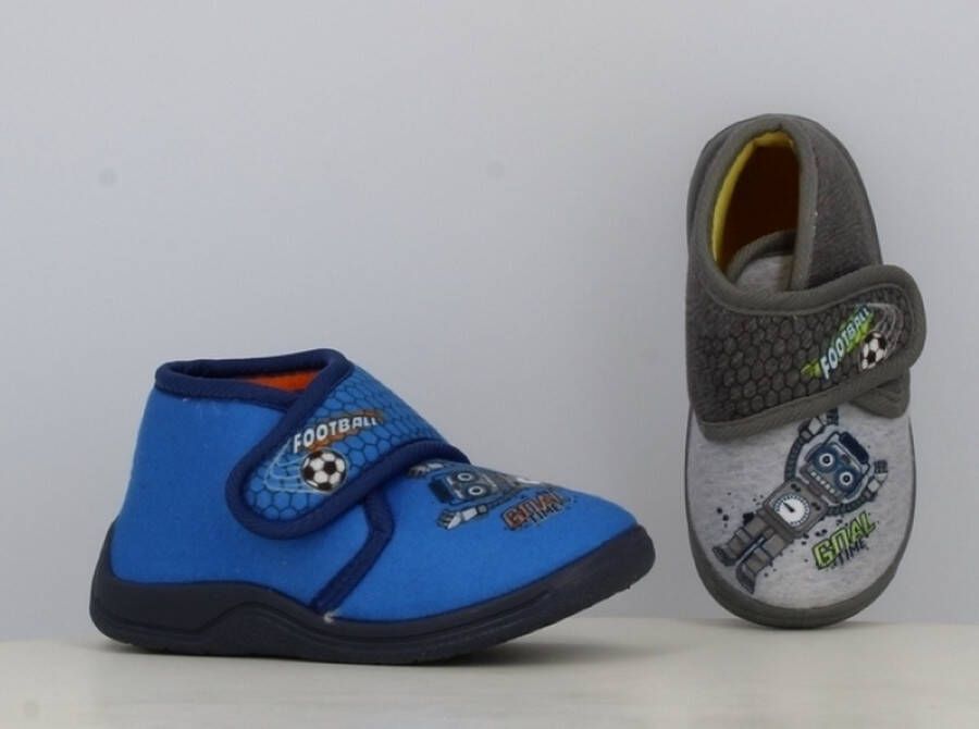 BBS Jongens baby peuter kleuter robot voetbal pantoffels blauw met leuke robot en voetbal figuur sterke antislip