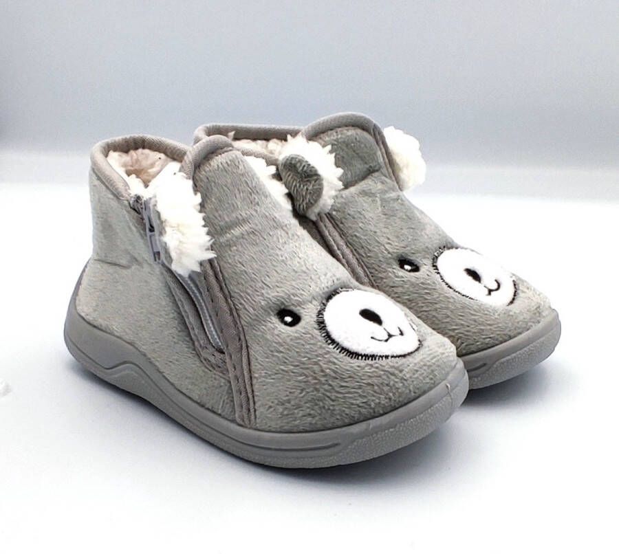 BBS en baby peuter kleuter koala pantoffels zeer zachte gevoerde sloffen grijs met leuk koala gezichtje sterke antislip instappers met ritssluiting