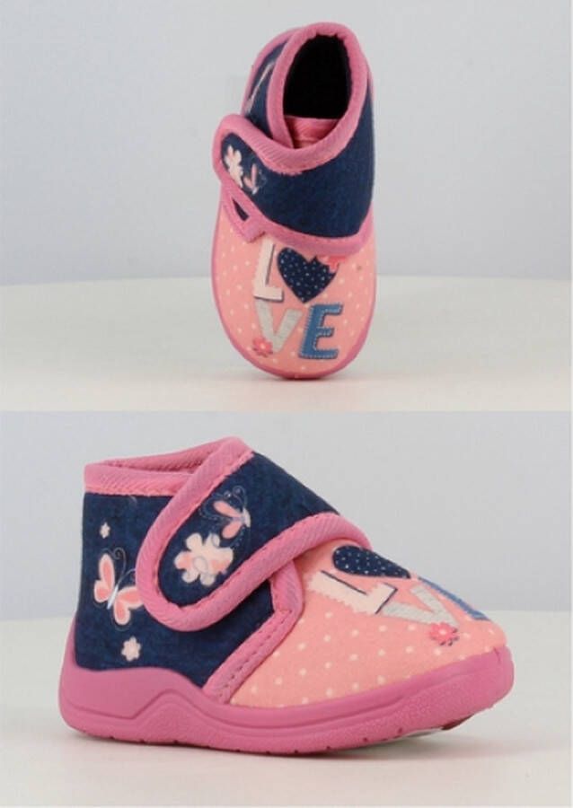 BBS Meisjes baby peuter kleuter love pantoffels Marine en roze met vlinders en bloemetjes en 'love'– sterke antislip