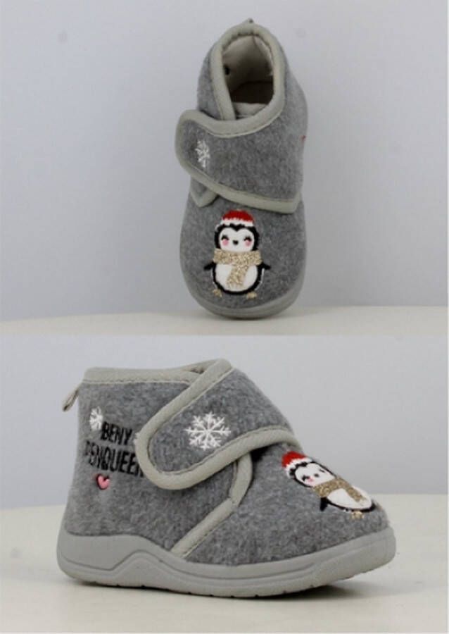 BBS Meisjes baby peuter kleuter pinguin pantoffels grijs met leuke winterpinguin figuur sterke antislip velcro klittenband sluiting