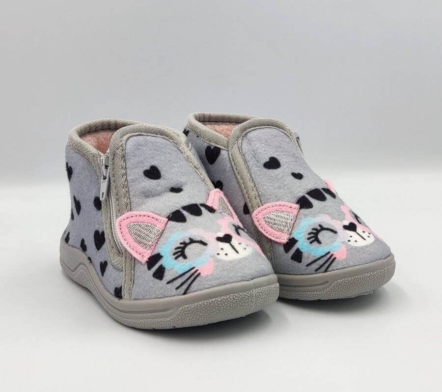 BBS Meisjes baby peuter kleuter poezen pantoffels grijs met leuke poezengezicht en hartjes sterke antislip ritssluiting