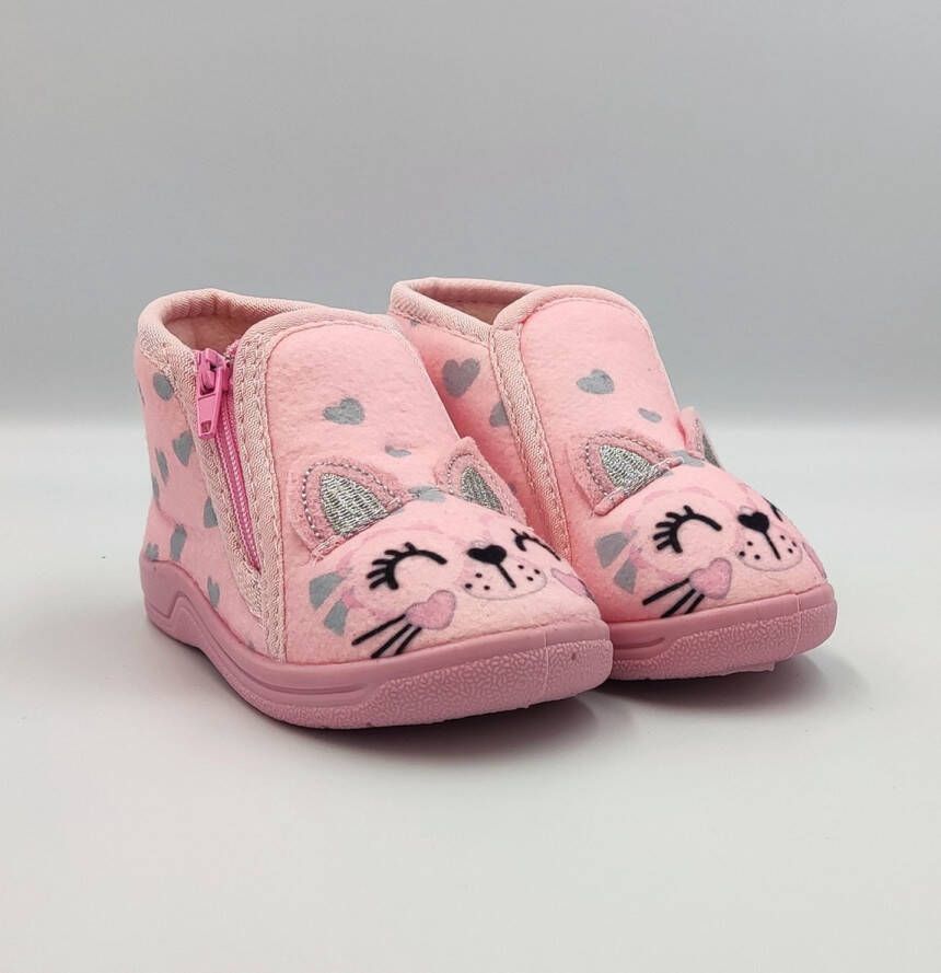 BBS Meisjes baby peuter kleuter poezen pantoffels roze met leuke poezengezicht en hartjes sterke antislip ritssluiting