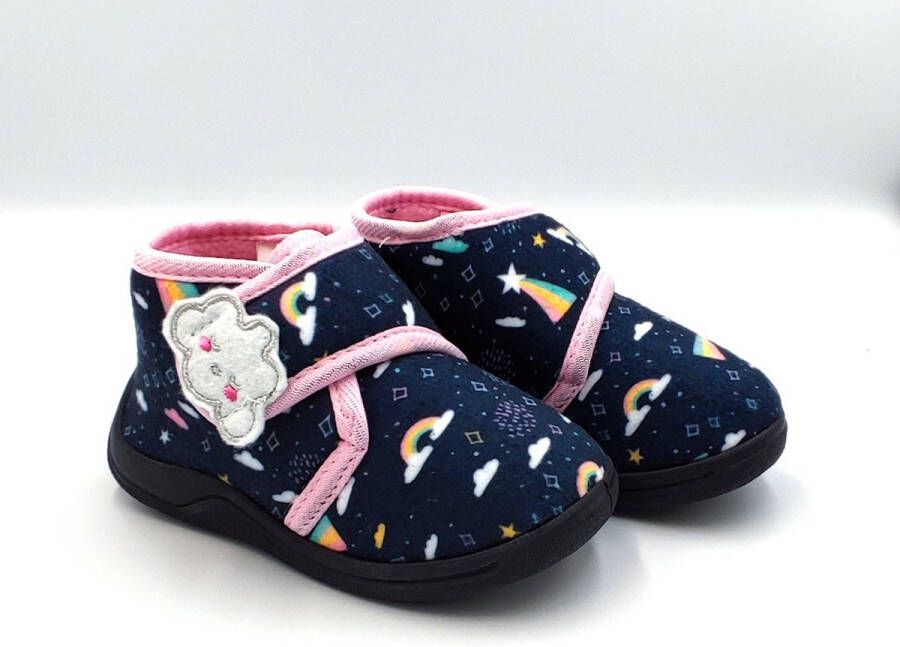 BBS Meisjes baby peuter kleuter wolken pantoffels donker blauw met leuke fantasie van wolkjes en regenbogen sterke antislip velcro klittenband sluiting