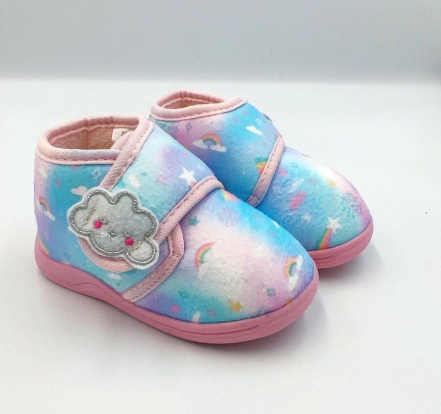 BBS Meisjes baby peuter kleuter wolken pantoffels roze met leuke fantasie van wolkjes en regenbogen sterke antislip velcro klittenband sluiting