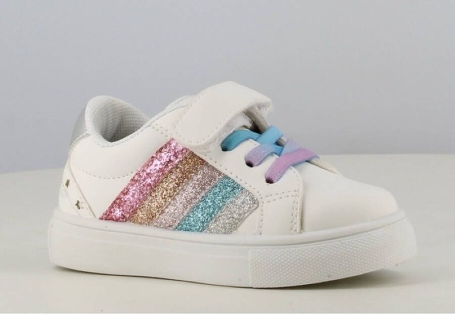 BBS Meisjes sneakers lage zomer schoenen wit met regenboog strepen en gekleurde linten klittenband sluiting : BACK TO SCHOOL