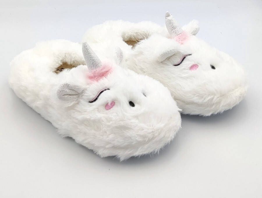 BBS Meisjes unicorn fleece pantoffels zeer zacht en met elastische hiel voor goede aansluiting goede grip wit