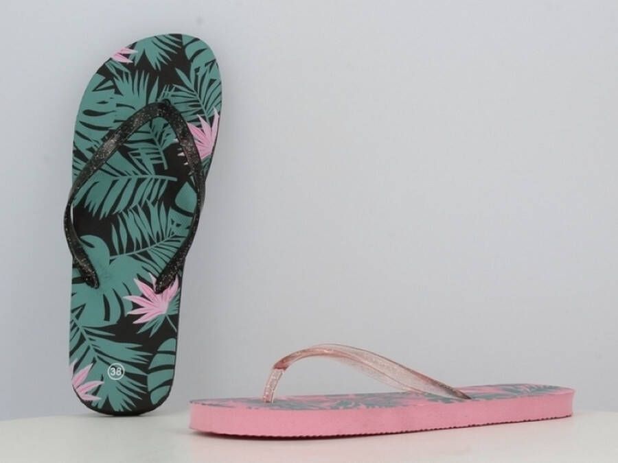 BBS Slipper voor dames roze met groene tekening ideale bad strand slipper