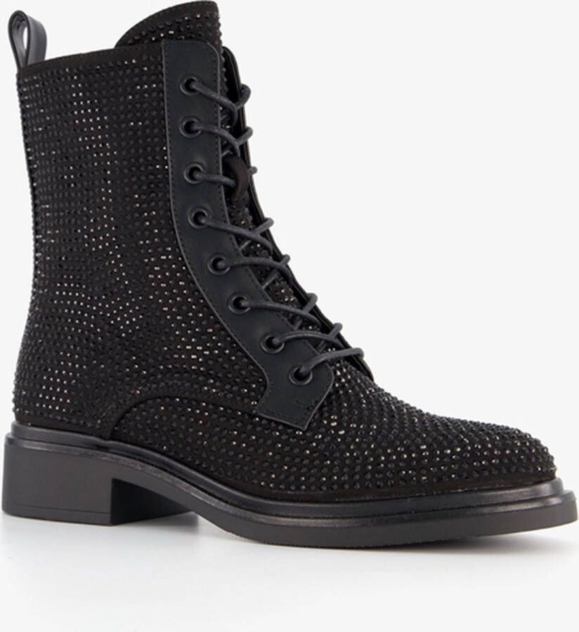 BLUE BOX dames veterboots met strass steentjes Zwart