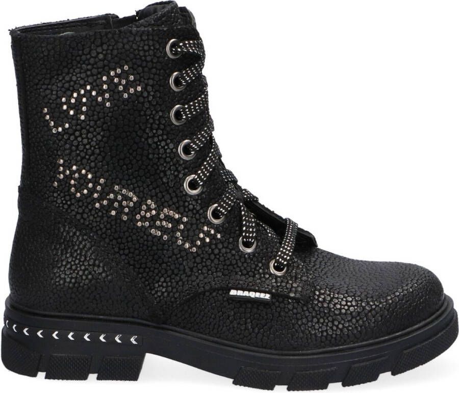 Braqeez 421715-989 Meisjes Biker Boots Zwart Leer Veters