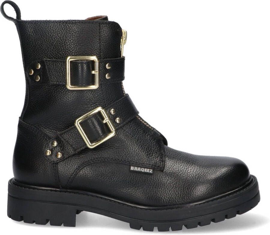 Braqeez 423559-589 Meisjes Biker Boots Zwart Leer Gesp Met Rits