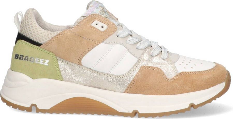 Braqeez 424265-478 Meisjes Lage Sneakers Beige Groen Zilver Wit Suède Veters