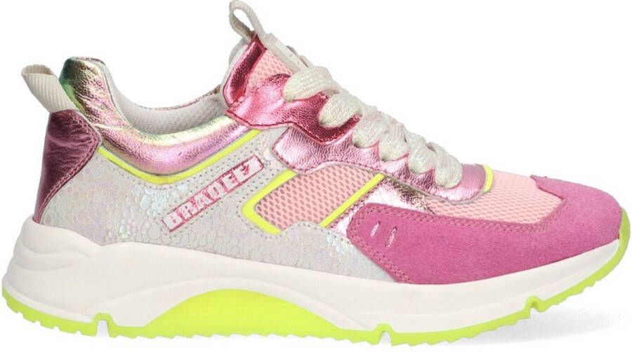 Braqeez 424267-479 Meisjes Lage Sneakers Roze Geel Grijs Leer Veters