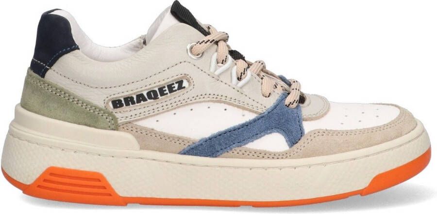 Braqeez 424470-406 Jongens Lage Sneakers Beige Wit Blauw Nubuck Veters