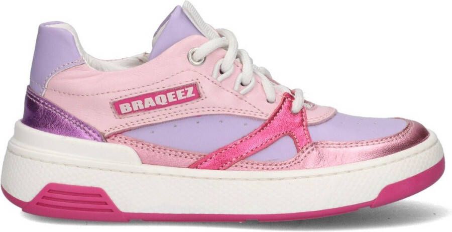 Braqeez 424470-979 Meisjes Lage Sneakers Roze Paars Leer Veters