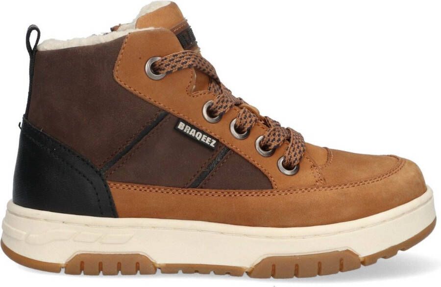 Braqeez 424608-113 Jongens Hoge Sneakers Bruin Wit Grijs Nubuck Veters