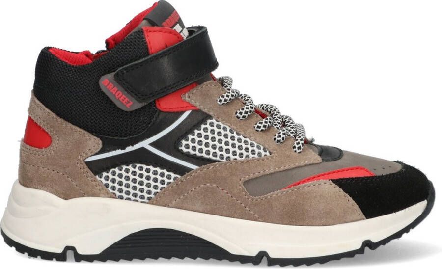 Braqeez 424621-108 Jongens Hoge Sneakers Taupe Zwart Rood Leer Veters