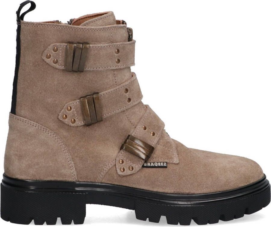 Braqeez 424782-408 Meisjes Biker Boots Taupe Suède Gesp Met Rits