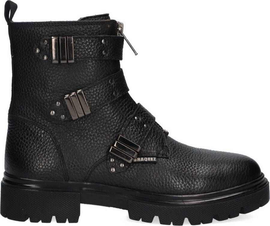 Braqeez 424782-589 Meisjes Biker Boots Zwart Leer Gesp Met Rits