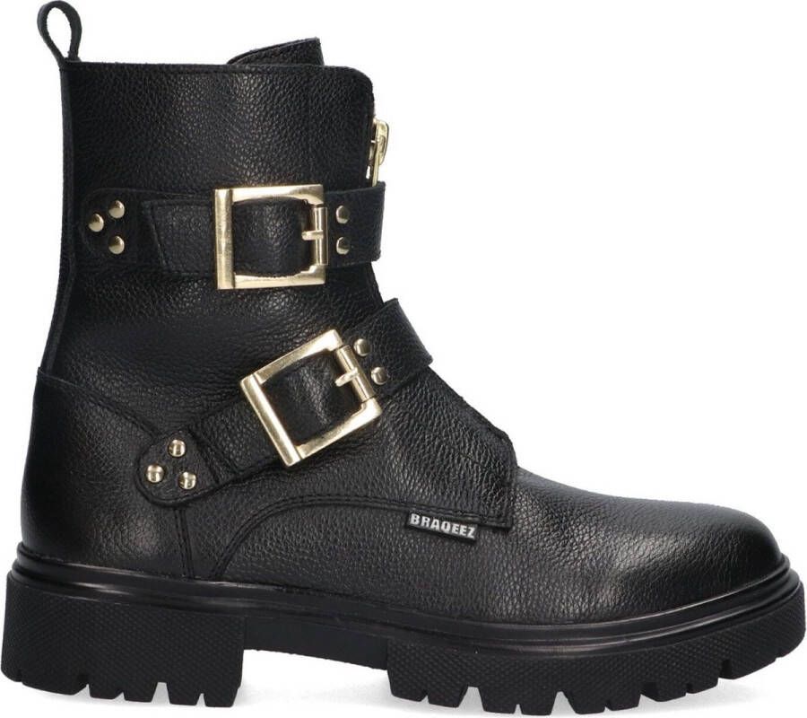 Braqeez 424783-589 Meisjes Biker Boots Zwart Leer Gesp Met Rits