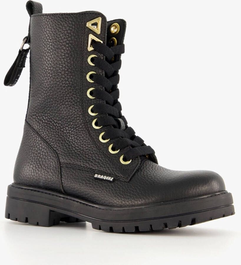 Braqeez leren meisjes veterboots zwart Uitneembare zool