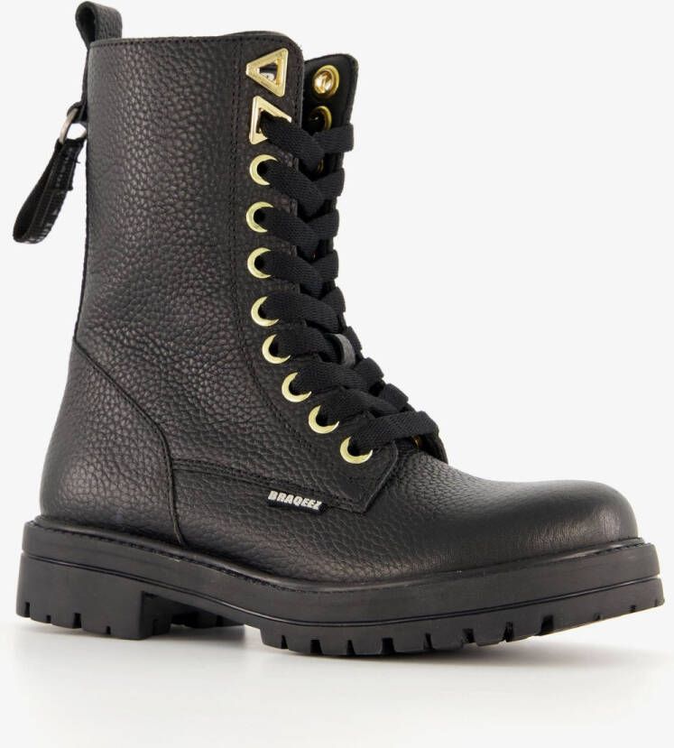 Braqeez leren meisjes veterboots zwart Uitneembare zool