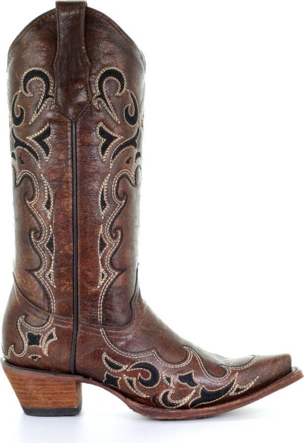 Circle G by Corral Circle G dames cowboylaarzen in bruin leer met zwarte en ecru borduursels