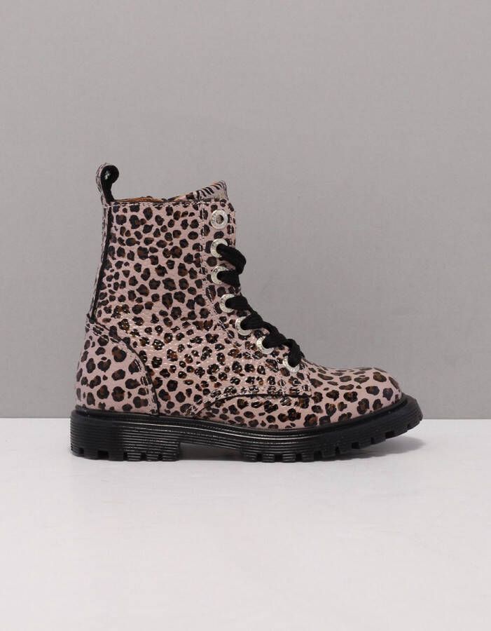 Develab 42102 lakleren veterboots met panterprint oudroze