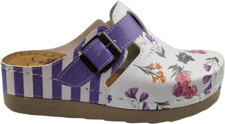 DINA Medische klompen werkklompen PU clogs purple stripes and flowers