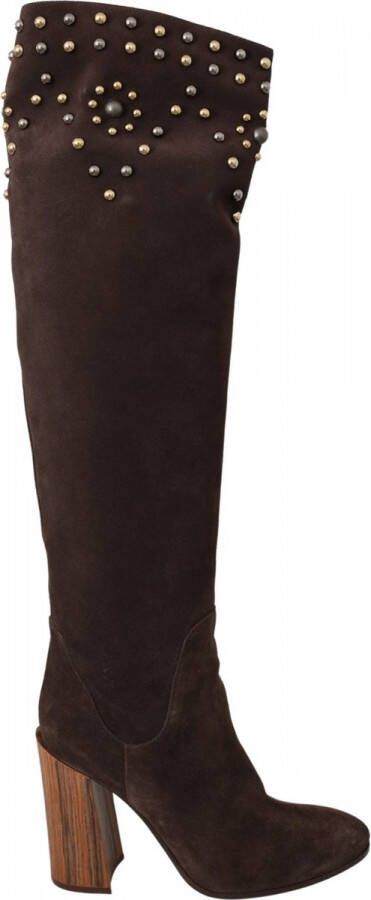 Dolce & Gabbana Brown Suede Studded Knee High Shoes Boots