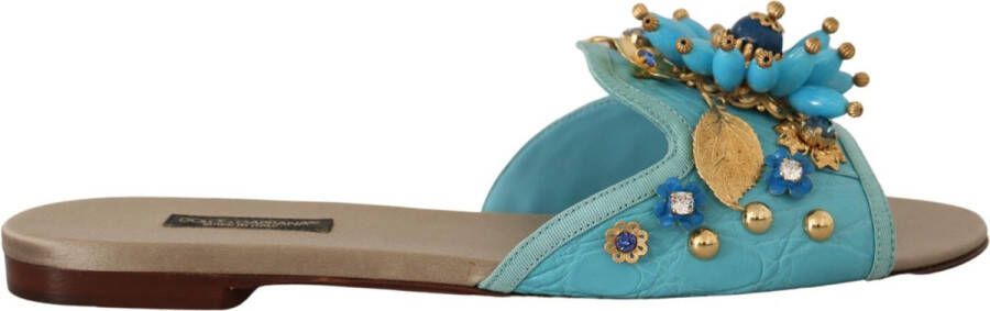 Dolce & Gabbana Blauwe Kristallen Exotische Leren Sandalen Blue Dames