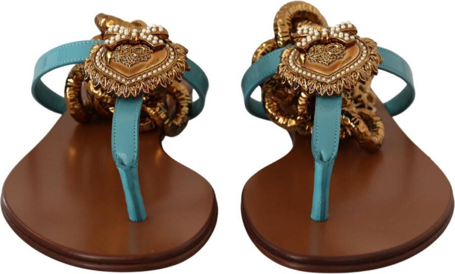 Dolce & Gabbana Blauwe Leren Devotion Platte Sandalen Blue Dames