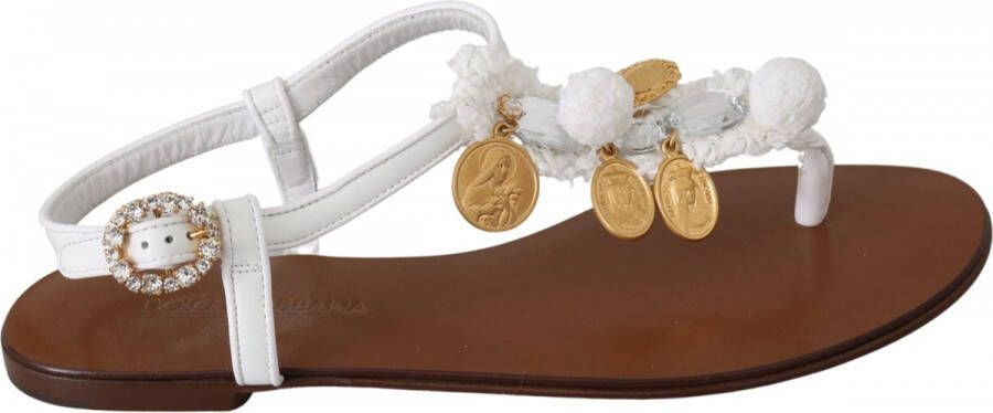 Dolce & Gabbana White Leather Coins Flip Flops Sandals Shoes