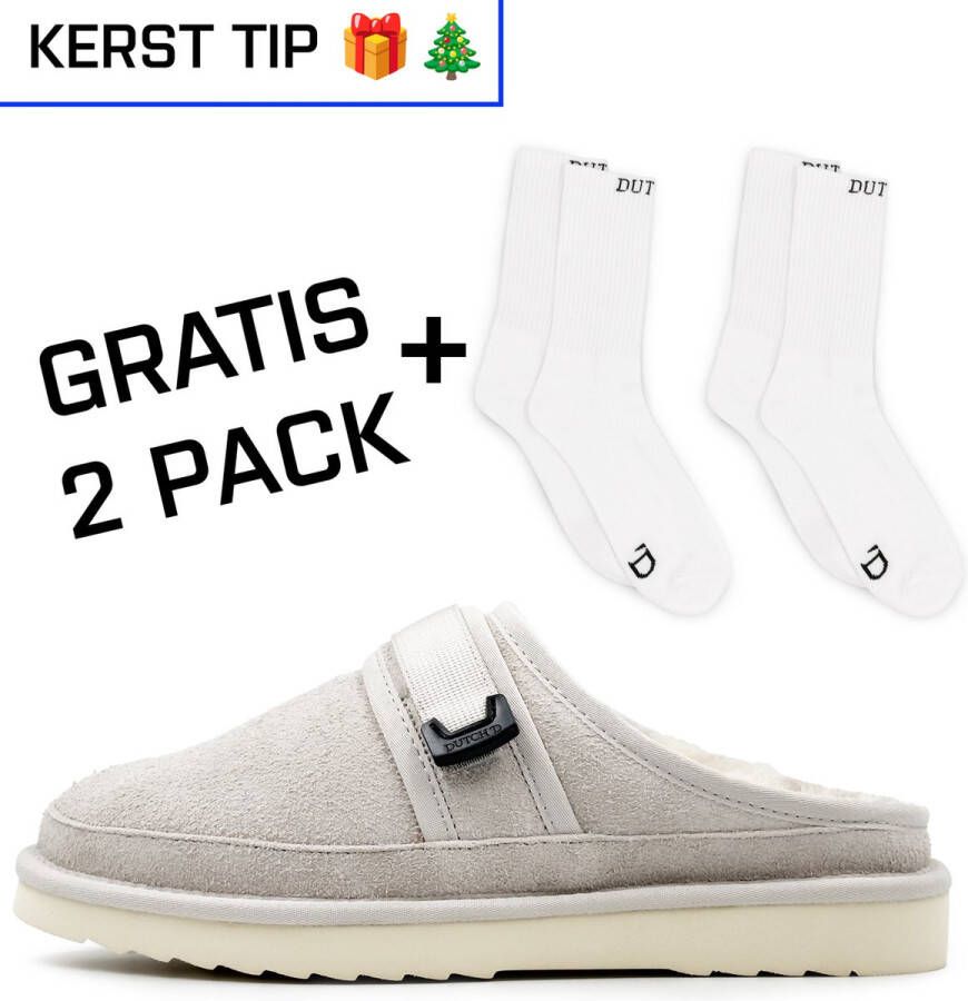 DUTCH'D Luxe pantoffel + Gratis sokken! Designer- Ease Mule Grijs Cream Echt wol! Heerlijk warm